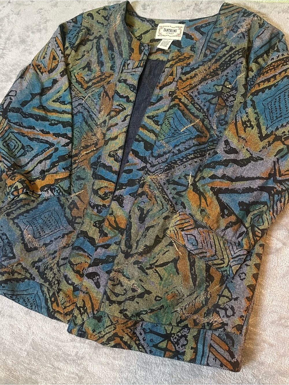 Tantrums Abstract Pattern Open-Front Blazer in Blue, Green & Brown